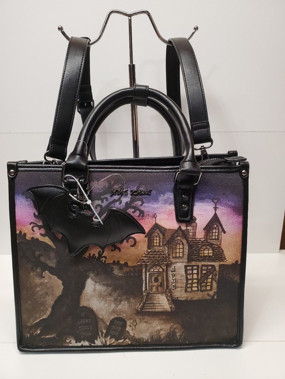 Betsey Johnson Halloween Tote Bag With Bat Charm Featuring Haunted House Graphic